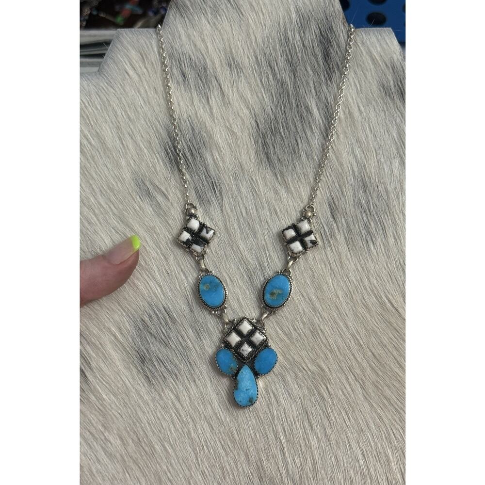 Sterling Silver Blue Kingman Turquoise White Buffalo Nugget Cluster Necklace 21” - Picture 1 of 16